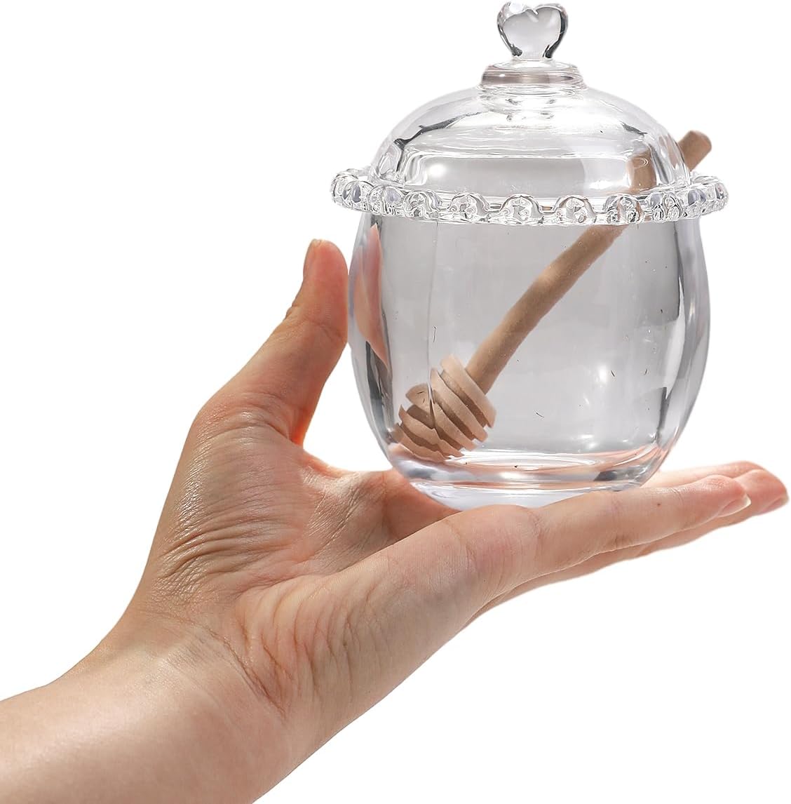 Honey Jars,9 oz Clear Glass Honey Pot Set with Dipper and Lid - Glass Honey Dispenser,Syrup Jar,Containers for Kitchen - Honeypot with Dipper Sticks - Honey Containers (Hexagon)