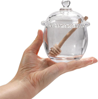 Honey Jars,9 oz Clear Glass Honey Pot Set with Dipper and Lid - Glass Honey Dispenser,Syrup Jar,Containers for Kitchen - Honeypot with Dipper Sticks - Honey Containers (Hexagon)