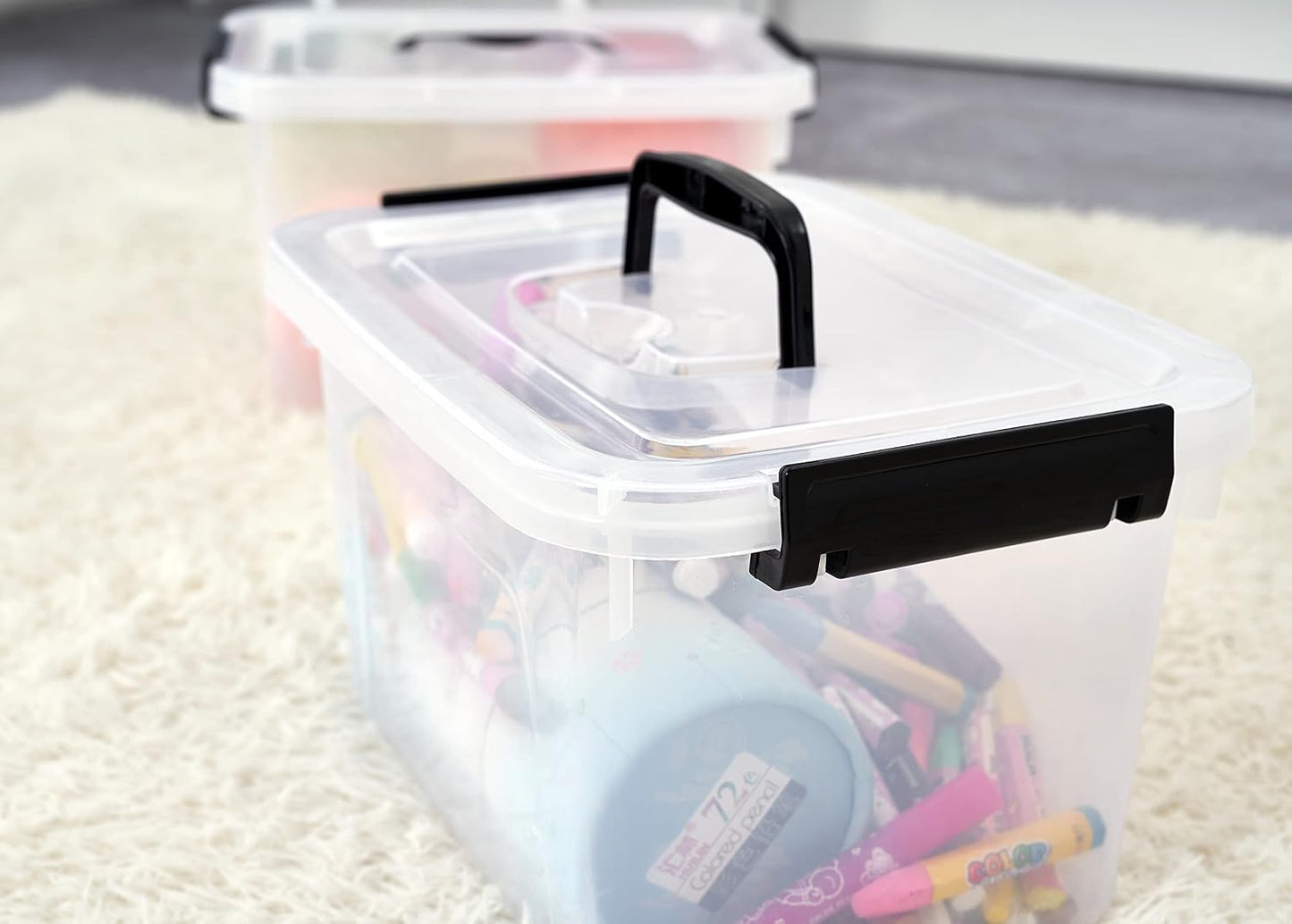 Plastic Storage Bins with Lids, 2 Pack Mixed Sizes (7 Qt, 16 Qt) Clear Black with Lid Stackable Organizer Boxes with Latches for Closet, Pantry, Bathroom, Office