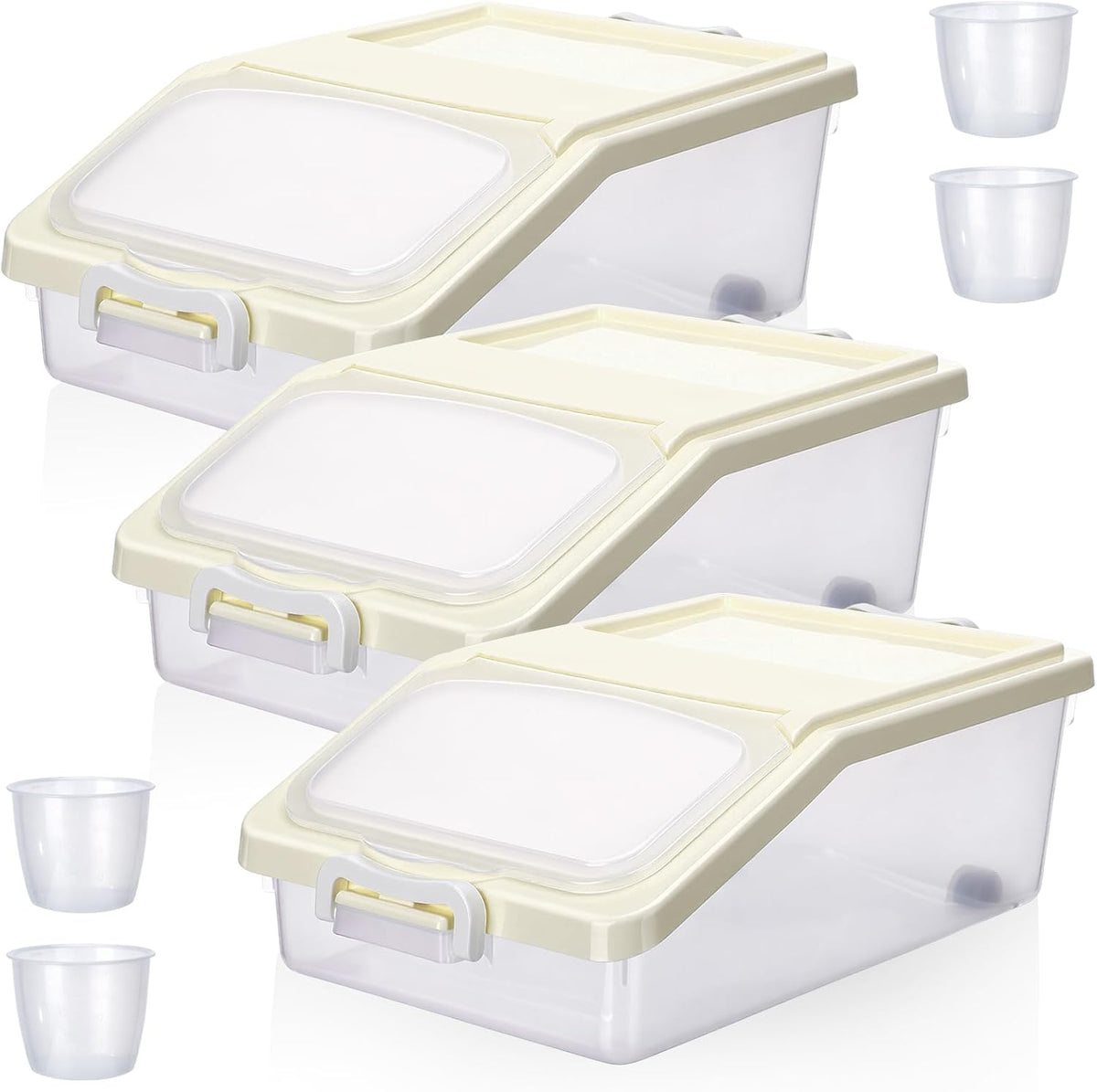 Blushtier 3 Pcs Rice Storage Container 11 lb Airtight Flour Container with Wheels Measuring Cup Clear Pet Food Dog Cat Birds Food Bin Grain Cereal Organizer Box for Dry Baking Supplies(Milky White)