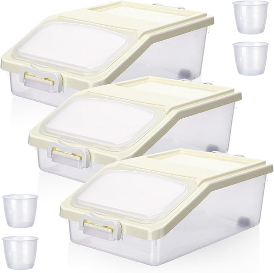 Blushtier 3 Pcs Rice Storage Container 11 lb Airtight Flour Container with Wheels Measuring Cup Clear Pet Food Dog Cat Birds Food Bin Grain Cereal Organizer Box for Dry Baking Supplies(Milky White)