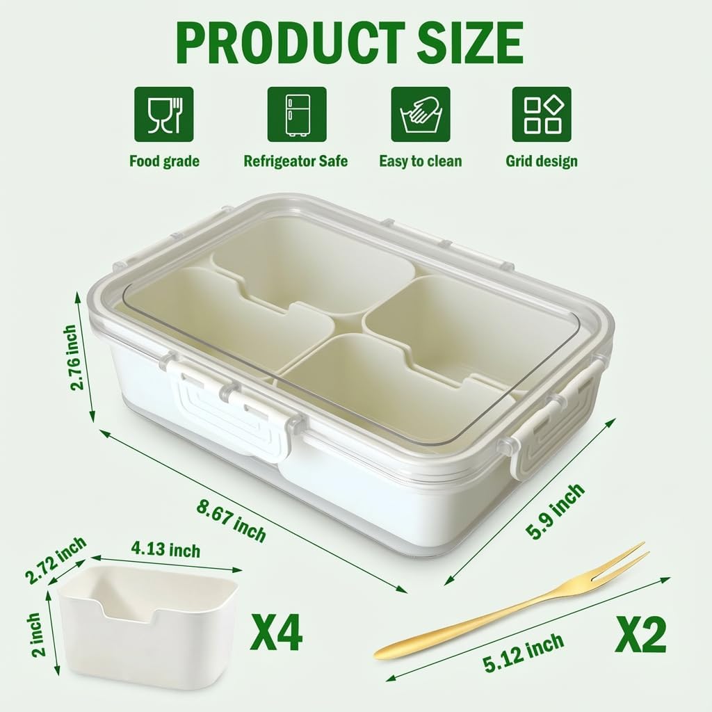 Divided Serving Tray with Lid, 4 Compartment Snack Containers, Snack Box Container for Candy, Snackle Box Container, Fruit and Snacks, Portable Small Snackle Box for Party, Picnic, Travel (2 PCS)