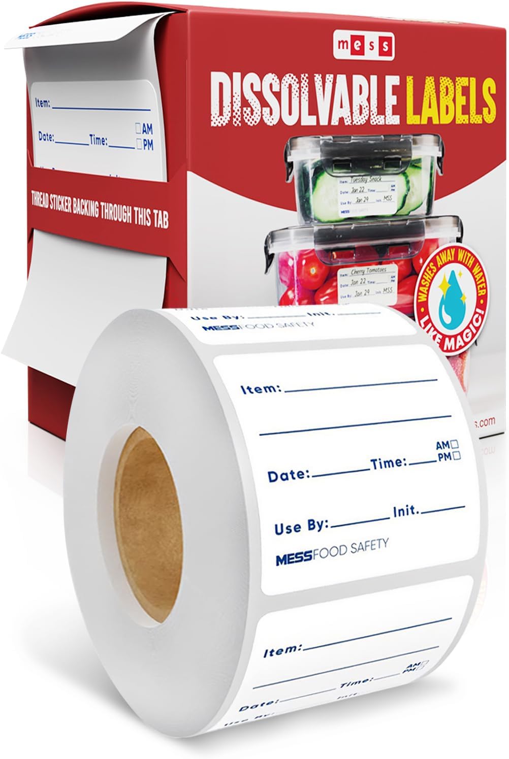 MESS Dissolvable Food Labels, 1x2, 200/Roll - Dissolves in 30 Seconds or Less - Removable Pantry, Meal Prep & Food Storage Labels – Canning & Freezer Use