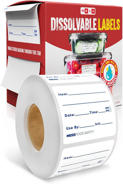MESS Dissolvable Food Labels, 1x2, 200/Roll - Dissolves in 30 Seconds or Less - Removable Pantry, Meal Prep & Food Storage Labels – Canning & Freezer Use