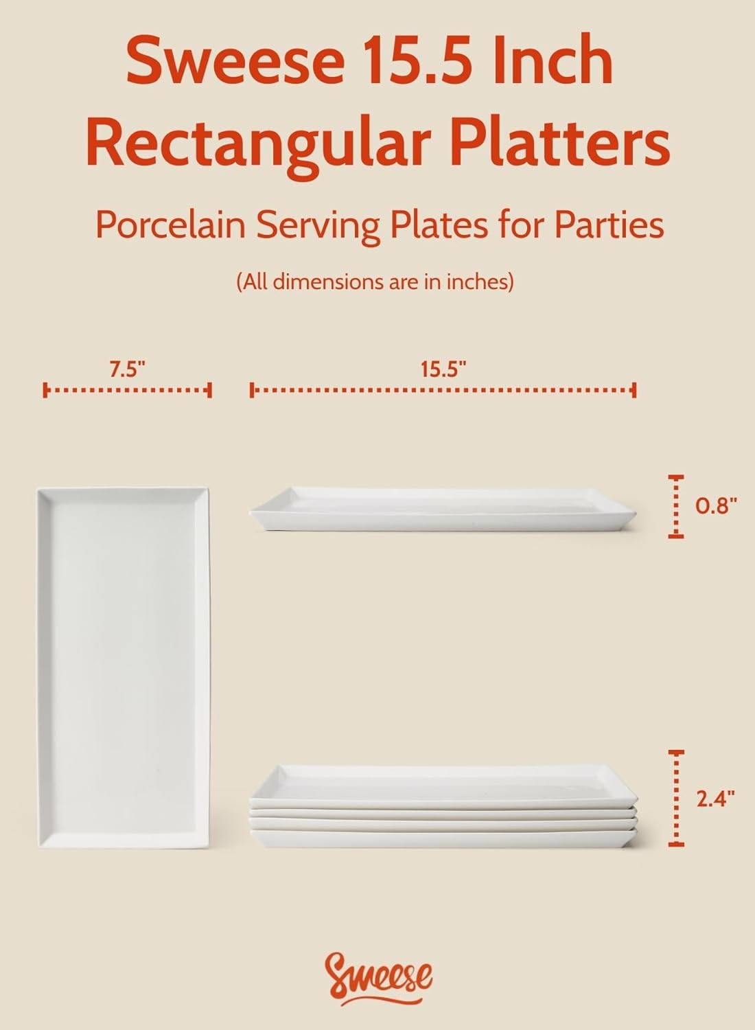 Sweese Serving Platter, 15.5/13.8/11.7 Inch Rectangle Porcelain Serving Trays, Serving Dishes for Entertaining, White Platters for Serving Food Party, Turkey Platter for Thanksgiving, Set of 3