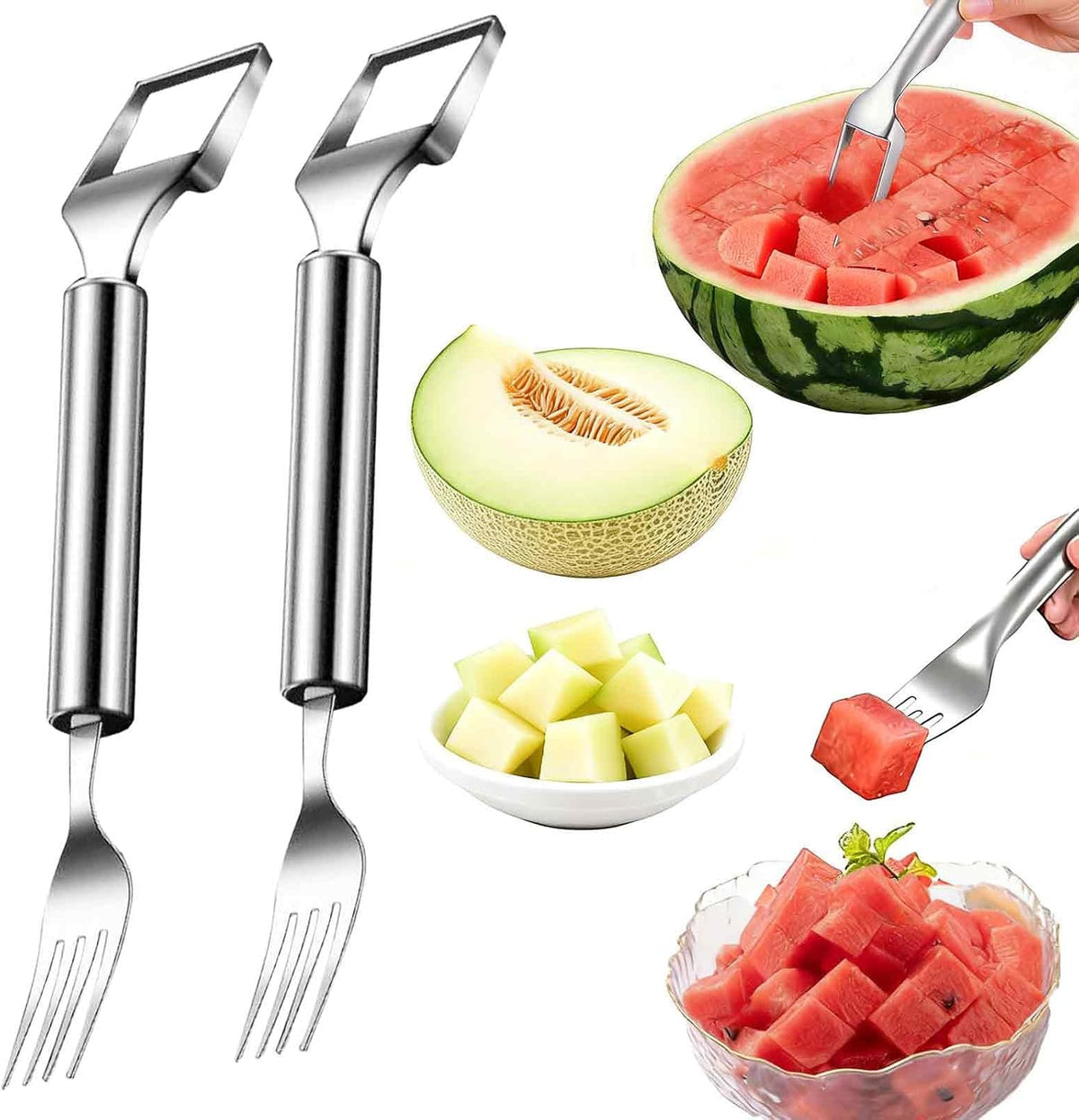 2 Pack Watermelon Cutter Fork 2-in-1, Stainless Steel