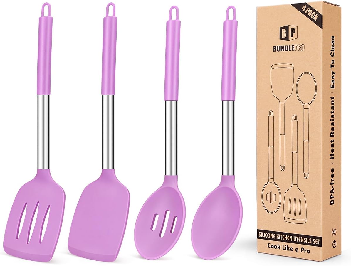Pack of 4 Silicone Cooking Utensils Set, Non Stick Large Solid Spatulas, Heat Resistant Black Slotted Spoons, Ideal BPA Free Kitchen Turners for Frying, Mixing,Serving,Draining,Turning,Stirring