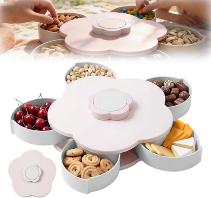 Divided Serving Tray that Spins, Flower Shaped Rotating Snack Container with Lid, 5-Compartment Twist and Turn Snack Fruit Food Platter Tray for Picnic Parties Home Kitchen (Pink)