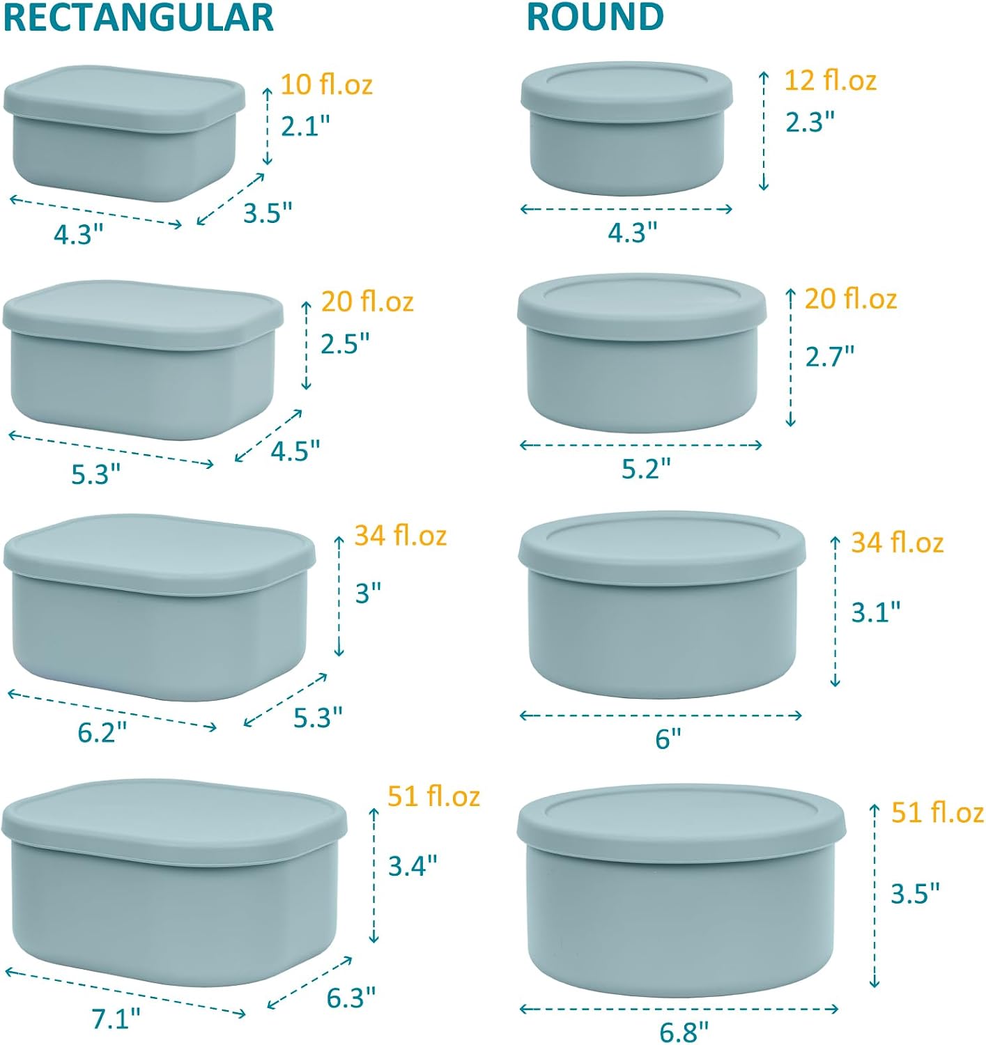 100% Silicone Food Storage Containers with Lids, 8 Pack, 10oz to 51oz, Reusable Leakproof Nesting & Stackable Silicone Bento Lunch Box, Microwave Freezer Dishwasher Oven Safe, BPA Free, Slate Green