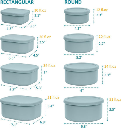 100% Silicone Food Storage Containers with Lids, 8 Pack, 10oz to 51oz, Reusable Leakproof Nesting & Stackable Silicone Bento Lunch Box, Microwave Freezer Dishwasher Oven Safe, BPA Free, Slate Green