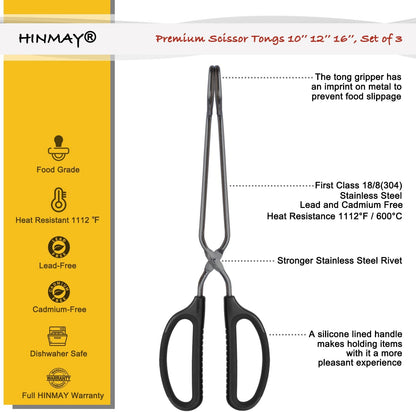 HINMAY 10" 12" 16" Stainless Steel Kitchen Tongs Set, Non-Slip Comfortable Grip Scissor Tongs for Cooking, Grilling & Serving, Set of 3