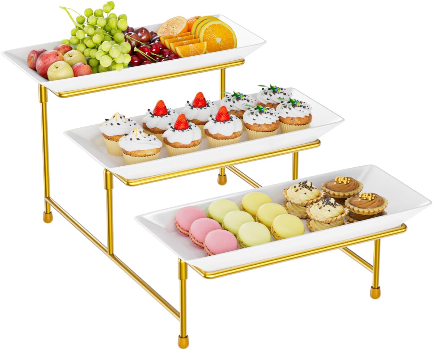 3 Tier Servings Tray for Party, 12"x6" Tiered Serving Platters with Steel Display Stand for Sevring Food,Cookies,Veggie, Dessert,Fruit, Black