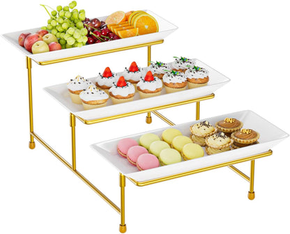 3 Tier Servings Tray for Party, 12"x6" Tiered Serving Platters with Steel Display Stand for Sevring Food,Cookies,Veggie, Dessert,Fruit, Black