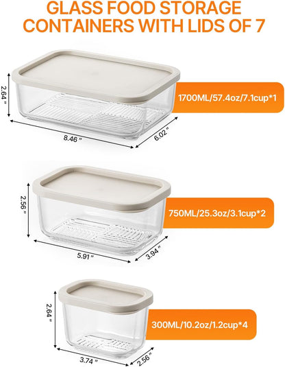KEMETHY 7 Pack Glass Food Storage Containers with Lids,Stackable BPA Free Glass Meal Prep Containers,Glass Lunch Containers with Lids for Kitchen Storage and Organization- Baking, Microwave, Oven