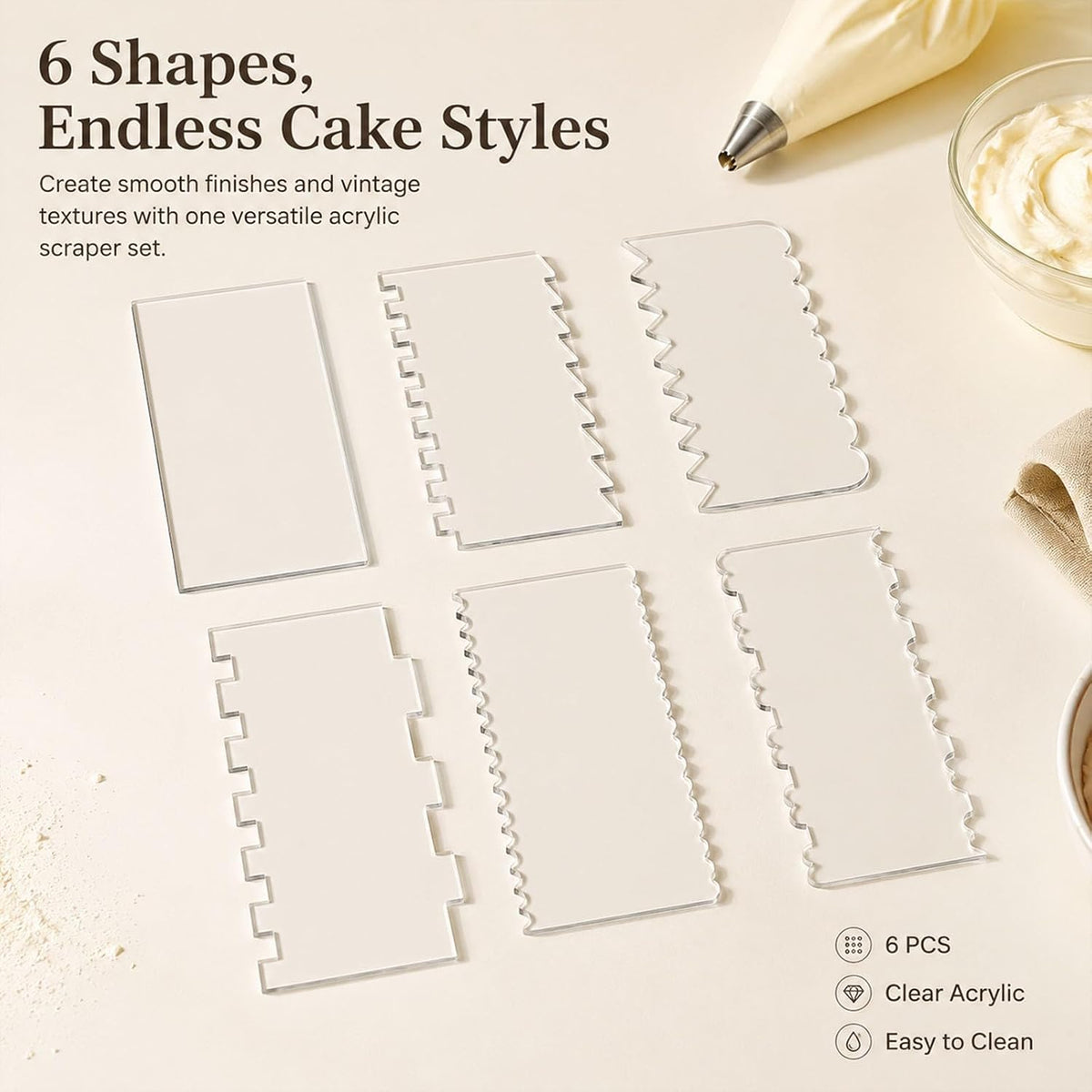 6‑Piece Clear Acrylic Cake Decorating Scraper Set