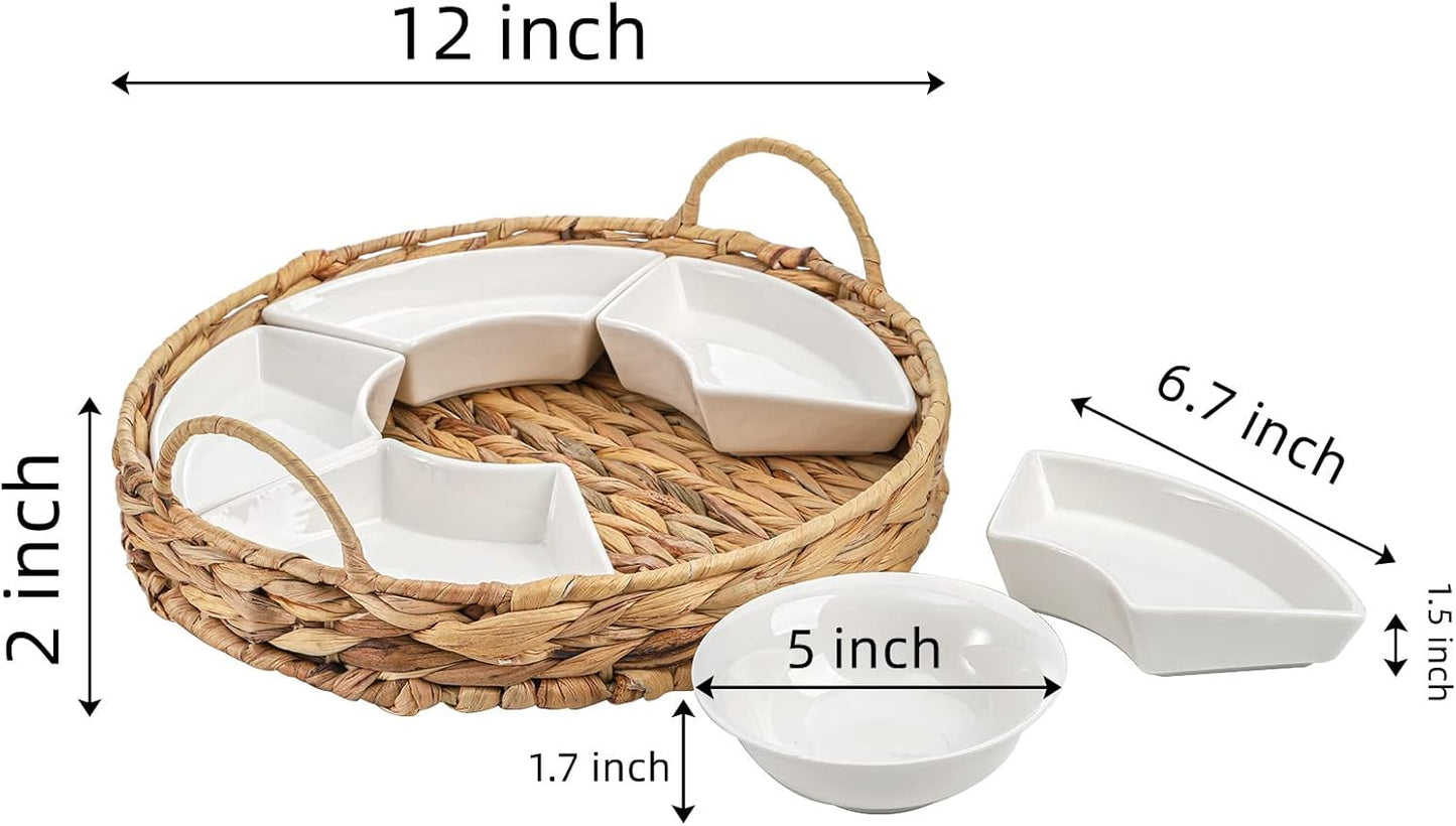 AVLA Ceramic Divided Serving Dishes, Porcelain Relish Tray, Party Appetizer Platter, 6 Removable Snack Bowls with Cattail Basket for Chips and Dips, Candy, Nut, Condiment, Veggie, Portable Handle