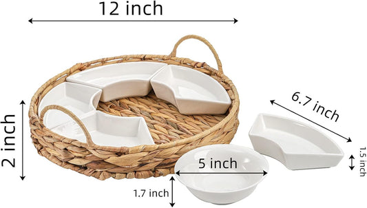 AVLA Ceramic Divided Serving Dishes, Porcelain Relish Tray, Party Appetizer Platter, 6 Removable Snack Bowls with Cattail Basket for Chips and Dips, Candy, Nut, Condiment, Veggie, Portable Handle