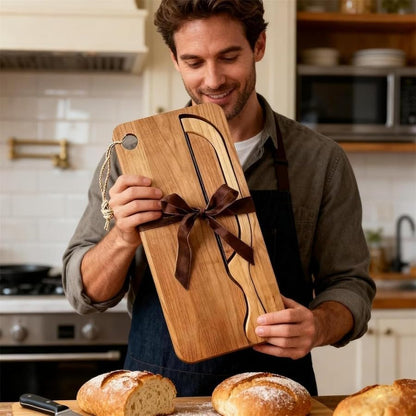 Bread Knife and Board Set with Crumb Tray, 8 Inch Manual Slicer for Sourdough Bagels Baguettes, Ambidextrous Serrated Blade & Reversible Acacia Wood Cutting Board