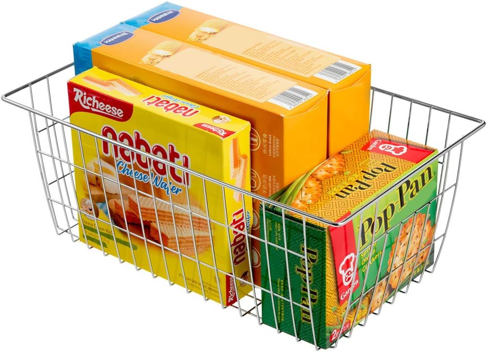 SANNO Freezer Baskets for Storage Pantry Large Metal Wire Food Storage Organizer Bin Basket with Handles - for Kitchen Cabinets, Pantry, Bathroom, Laundry Room, Closets, Garage - Chrome，2 pack