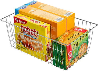 SANNO Freezer Baskets for Storage Pantry Large Metal Wire Food Storage Organizer Bin Basket with Handles - for Kitchen Cabinets, Pantry, Bathroom, Laundry Room, Closets, Garage - Chrome，2 pack