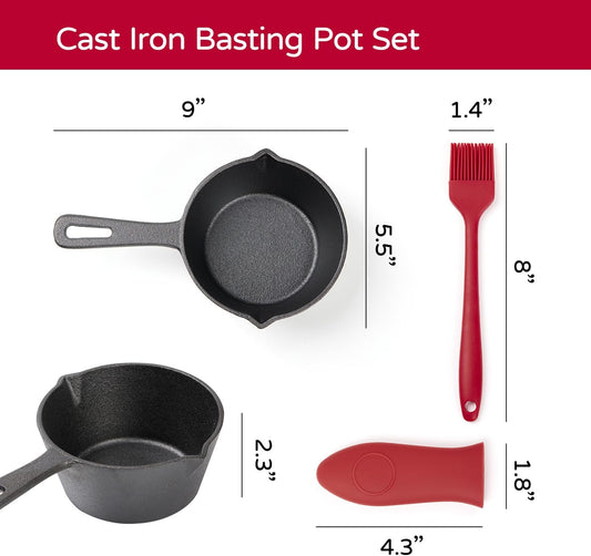 Cast Iron Basting Pot, 15.5 Oz 3 PCS BBQ Sauce Melting Pot Set with Silicone Basting Brush & Handle Cover, Mini Butter Pot for Grilling Smoking Outdoor Grill Accessories