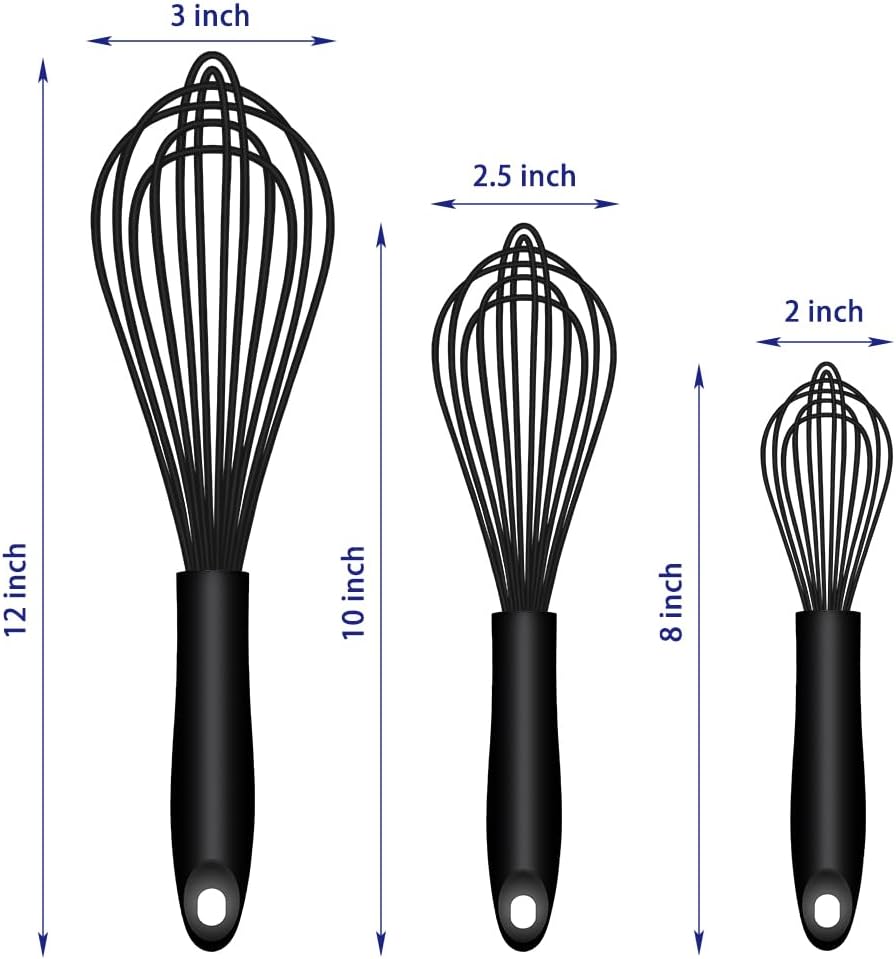 OYV Dishwasher Safe Silicone Whisk, Sealed Waterproof Design Set of 3, Professional Kitchen Whisks for Cooking Non-Scratch, Silicone & Stainless Steel Whisk, Heat Resistant Balloon Egg Beater, Black