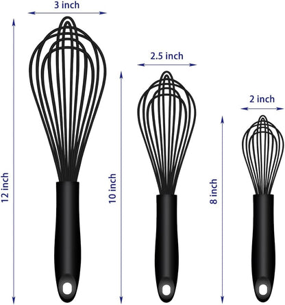 OYV Dishwasher Safe Silicone Whisk, Sealed Waterproof Design Set of 3, Professional Kitchen Whisks for Cooking Non-Scratch, Silicone & Stainless Steel Whisk, Heat Resistant Balloon Egg Beater, Black