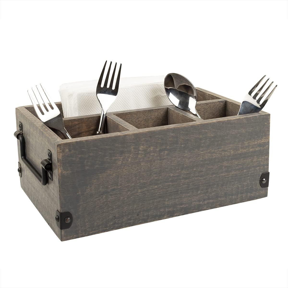 GoCraft 4-Compartment Flatware Caddy – Wooden Cutlery Holder with Napkin Holder, Silverware & Condiment Organizer, White Washed Mango Wood with Metal Handles, Perfect for Kitchen, Dining, and Picnics