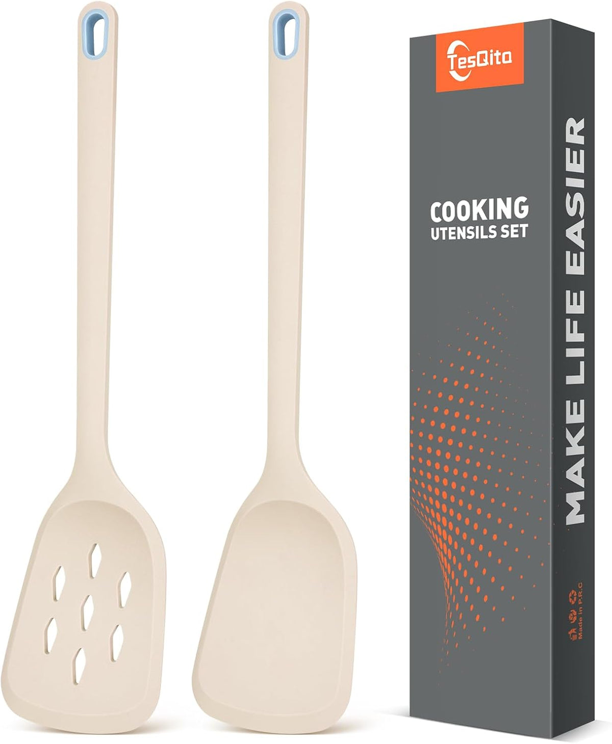 Silicone Spatula Set of 2 Pack, Heat Resistant Solid&Slotted Turner (WHITE)