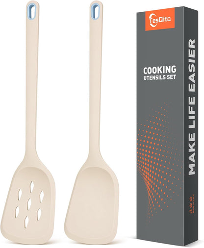 Silicone Spatula Set of 2 Pack, Heat Resistant Solid&Slotted Turner (WHITE)