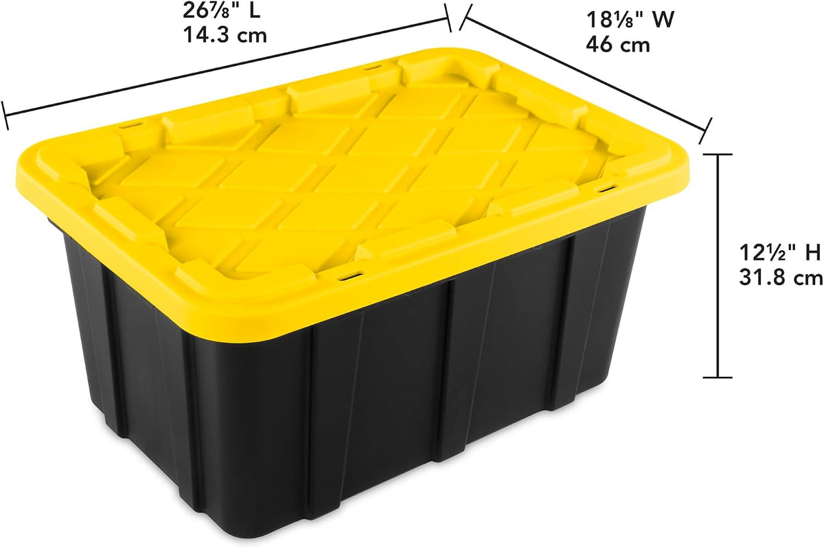 Sterilite 4-Pack 27 Gallon Industrial Storage Tote, Heavy-Duty Plastic Bins, Black/Yellow - Stackable Utility Organizers with Lids for Garage, Camping Tools, and Outdoor Gear