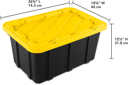 Sterilite 4-Pack 27 Gallon Industrial Storage Tote, Heavy-Duty Plastic Bins, Black/Yellow - Stackable Utility Organizers with Lids for Garage, Camping Tools, and Outdoor Gear