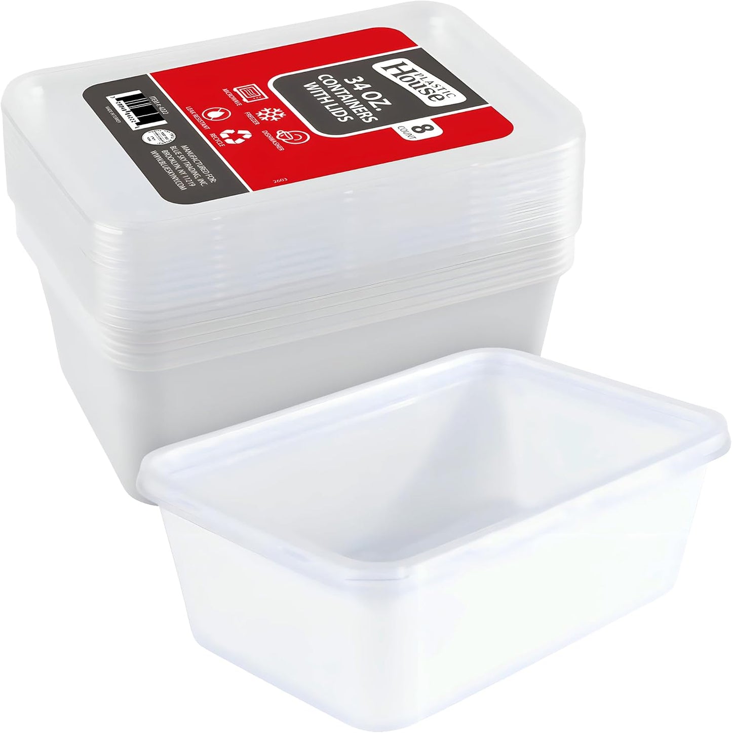 Bluesky Versatile Rectangle Containers-(Pack of 10) -Perfect for Meal Prep & Storage, 34 oz, White