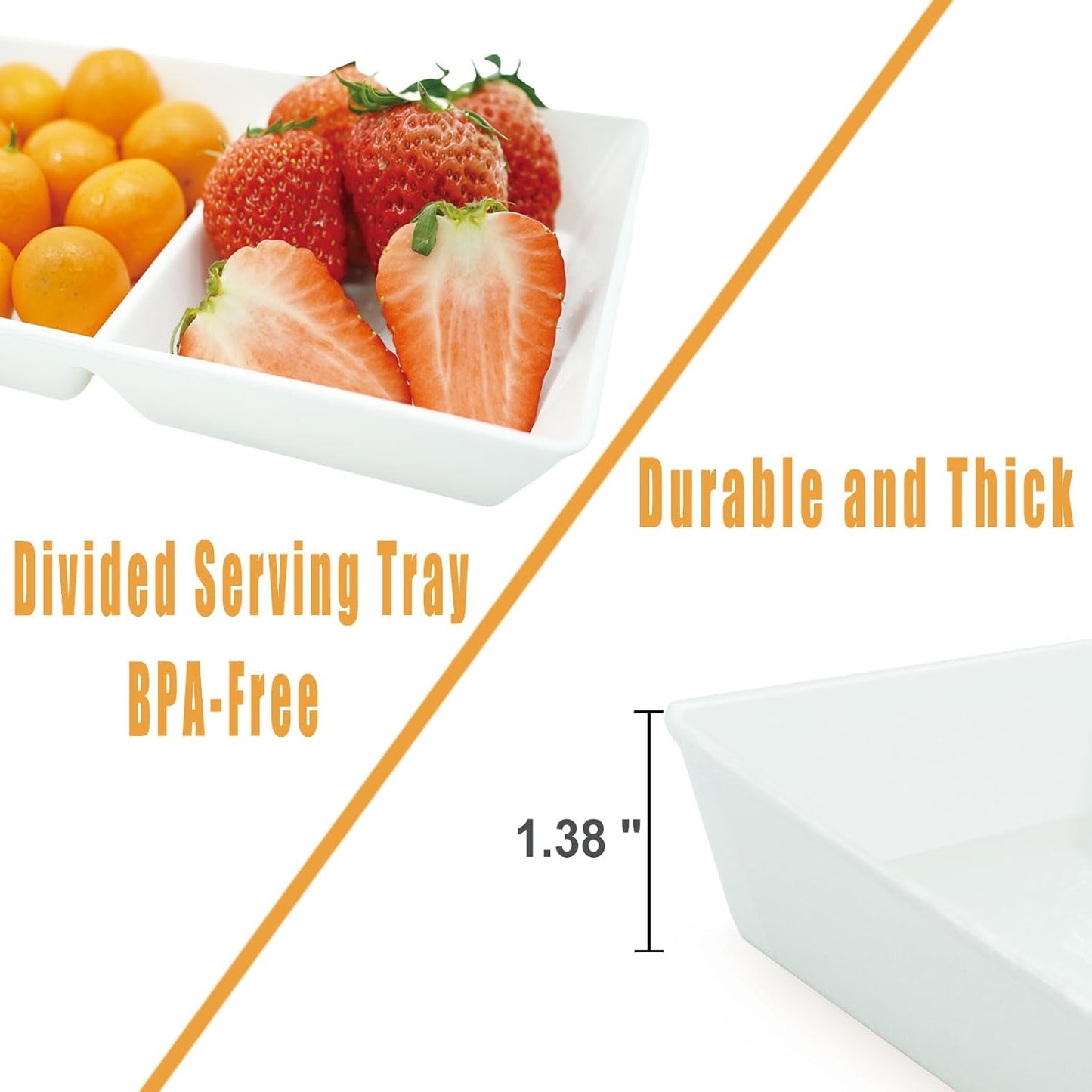 Divided Serving Tray Platter, 4 Pack 15" x 10" Fruit Veggie Food Tray for Party, Plastic Serving Trays for Appetizer, Snack, Dessert, Cookie, Brunch Decorations Platters, White Trays BPA-Free