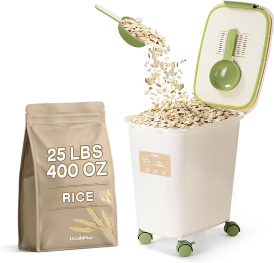 LivLab Mker Rice Dispenser - 25Lbs 400oz Airtight food storage container with lids,cereal flour storage Container,With Measuring spoon and wheels, large flour bin rice organizer bucket (12L)