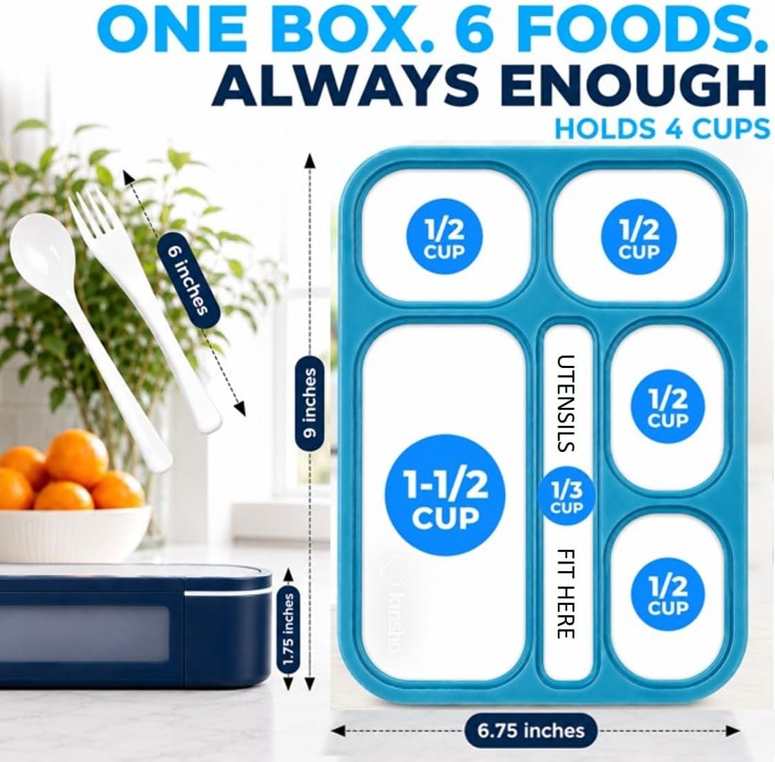 kinsho Lunch Box for Kids Boys Girls - Bento Box Set with Insulated Bag and Ice Pack, 6 Compartment Leak Proof Food Container, BPA-Free, Microwave Safe, Ideal for School & Work, Teal