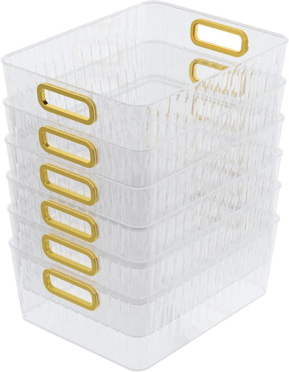 6 Packs Plastic Storage Bins with Handle, Clear Organizer Basket | for Shelf, Closet, Refrigerator, Kitchen, Pantry