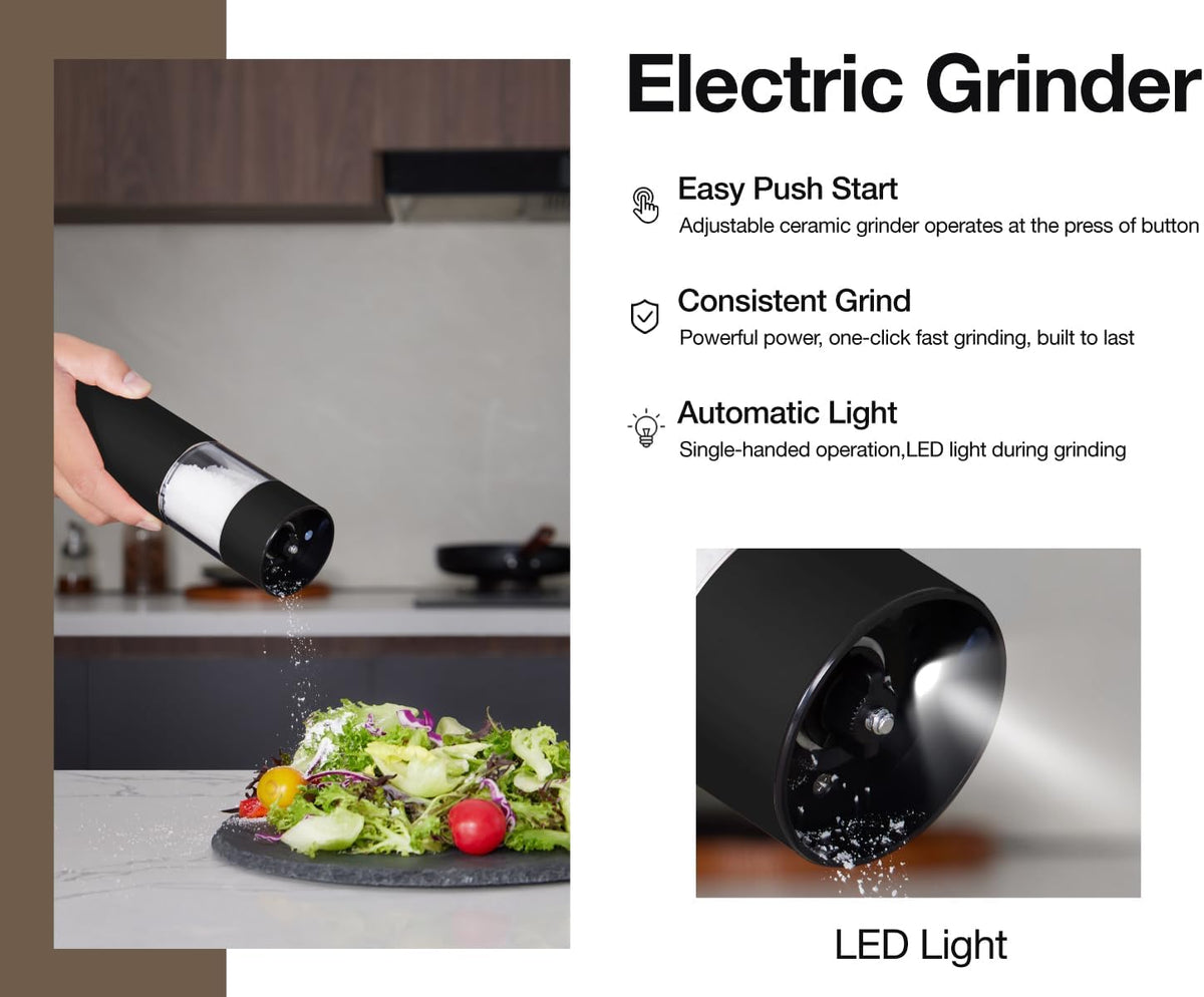 Stainless Steel Rechargeable Electric Salt and Pepper Grinder Set – USB Charging, One-Hand Electric Mill, Adjustable Coarseness, LED Light & Dust Cover –2pack(Greige & Buttercream)