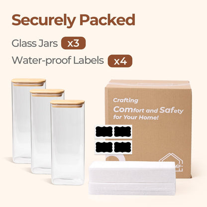 ComSaf Glass Storage Containers With Lids 6-Pack (0.7qt/1.2qt/1.6qt), Glass Pantry Storage Containers, Rectangular Glass Jars With Lid, Glass Canisters For Kitchen Flour Cereal Sugar Tea Coffee Bean
