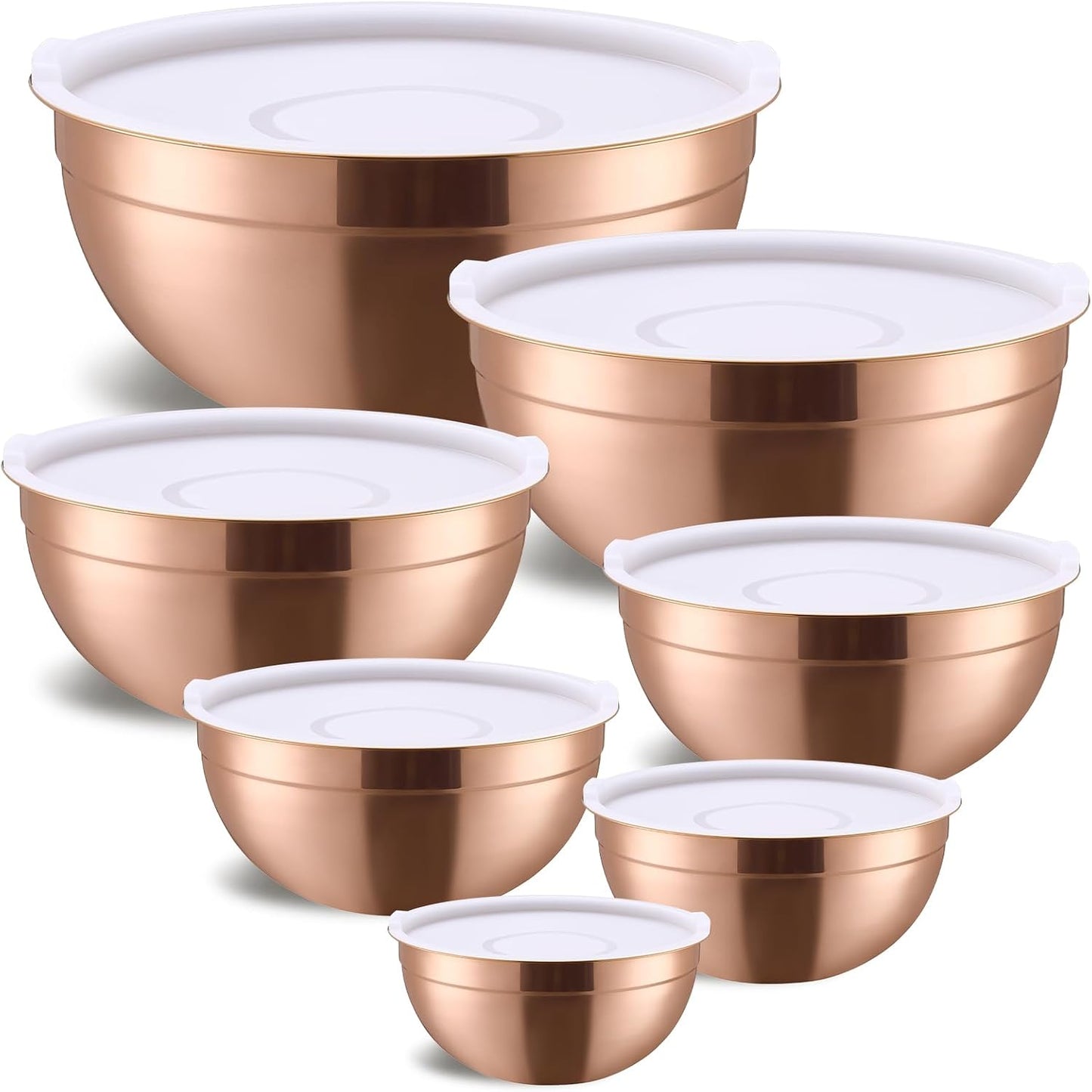 Pink Mixing Bowls with Airtight Lids, Stainless Steel Nesting Mixing Bowls Set of 7, Ideal for Baking, Prepping and Serving Food, Size 7, 3.6, 2.7, 2.1, 1.5, 1.1,0.8 QT, Stackable Design