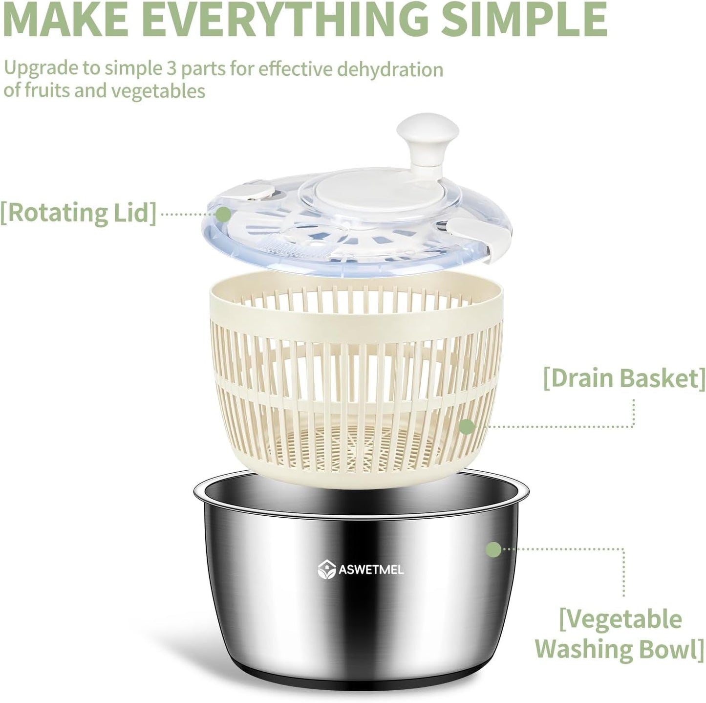 Stainless Steel Salad Spinner Large 5.3QT, ASWETMEL Stainless Salad Spinner with Non-Slip Base Lettuce Spinner, Salad Dryer Spinner for Vegetables & Fruits, Vegetable Washer, Beige