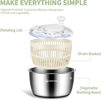 Stainless Steel Salad Spinner Large 5.3QT, ASWETMEL Stainless Salad Spinner with Non-Slip Base Lettuce Spinner, Salad Dryer Spinner for Vegetables & Fruits, Vegetable Washer, Beige