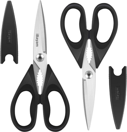 iBayam 2 Pack All Purpose Kitchen Shears Heavy Duty - Stainless Steel Kitchen Scissors With Protective Sheath, Soft Comfort-Grip Handle, Food & Meat Scissors, Home, Kitchen, Dining Utility Gadgets