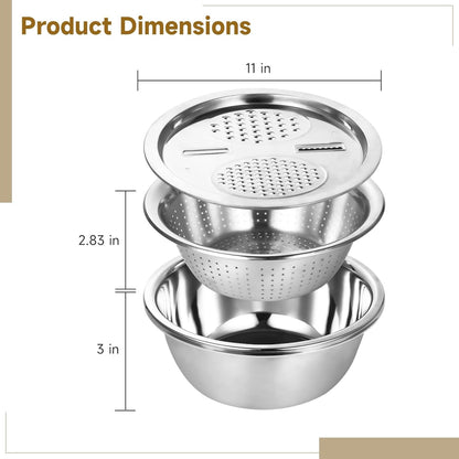 Multifunctional Stainless Steel Basin with Grater, 11 Inch Salad Maker Bowl, Vegetable Slicer Shredder Colander, Stainless Steel Grater Bowl Set for Kitchen