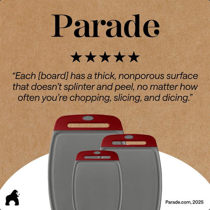 GORILLA GRIP BPA-Free Reversible Kitchen Cutting Board Set of 3, US Designed, Nonporous, Juice Grooves Catch Liquid, Slip Resistant Border, Dishwasher Safe, Durable Large Food Chopping Boards, Black