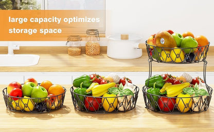 3 Tier Fruit Basket with 2 Banana Hangers for Kitchen Counter | 3-Tier Detachable Design,Metal Wire Construction, Wooden Handle, Large Capacity, Multi-Purpose Organizer,Mesh Basket