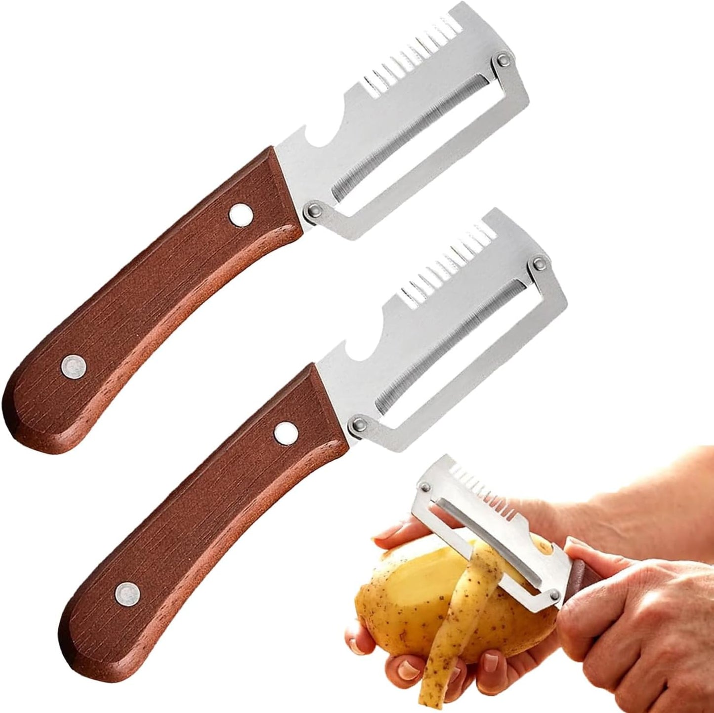 2-in-1 Multifunctional Vegetable Peeler with Wooden Handle & Stainless Steel Blade, Multifunctional Vegetable Peeler, Built-in Bottle Opener, Fruit & Vegetable Kitchen Peeling Tool (1Pcs)