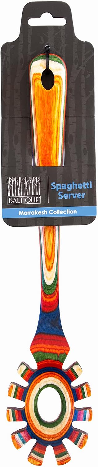 Baltique Marrakesh Collection Wooden Spaghetti Spoon – 12.5" Pasta Server with Teeth, Colorful Birch Wood Utensil for Portioning, Stirring & Serving Noodles