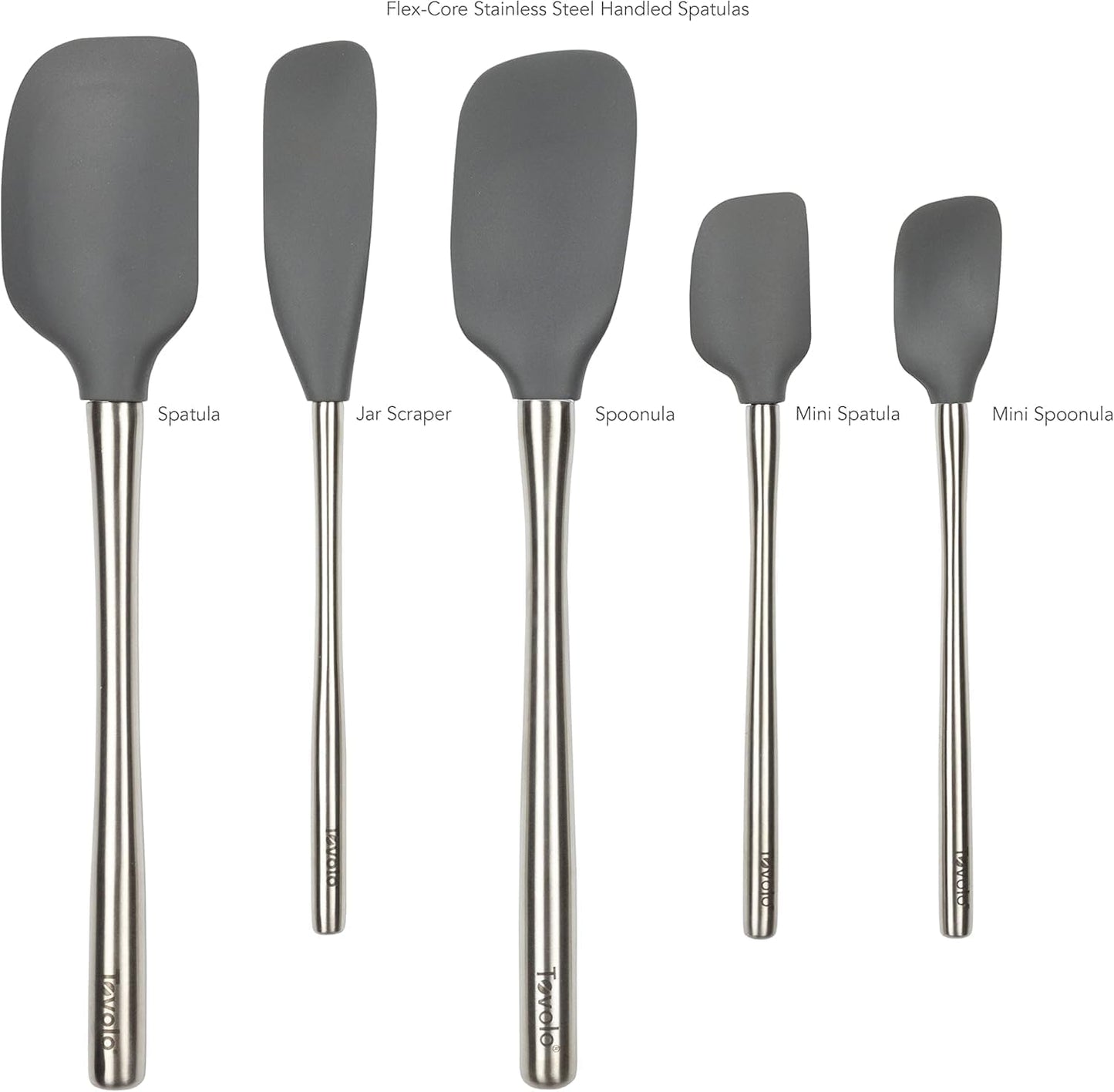 Tovolo Flex Core 5 Piece Silicone Spatula Set Heat Resistant All Silicone Utensils Include Non Stick Spatula Spoonula Jar Scraper, Dishwasher Safe BPA Free Spatulas for Baking Mixing, White
