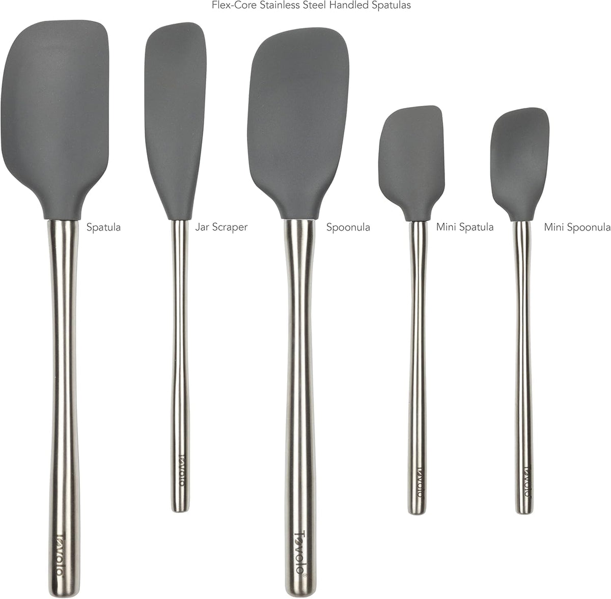 Tovolo Flex Core 5 Piece Silicone Spatula Set Heat Resistant All Silicone Utensils Include Non Stick Spatula Spoonula Jar Scraper, Dishwasher Safe BPA Free Spatulas for Baking Mixing, White